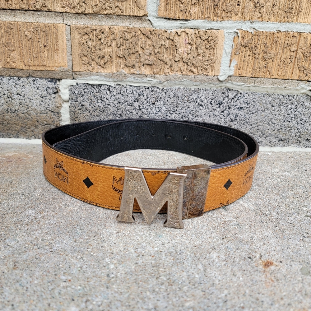 MCM Visetos Cognac Black Leather M Logo Reversible Belt 45"